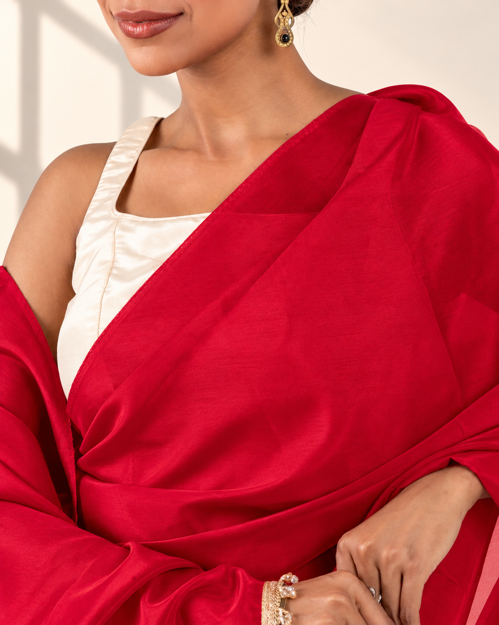 Scarlet Red Silk Blend Saree with Handcrafted Pearl Lace and Matching Blouse Piece | Fall & Pico Ready