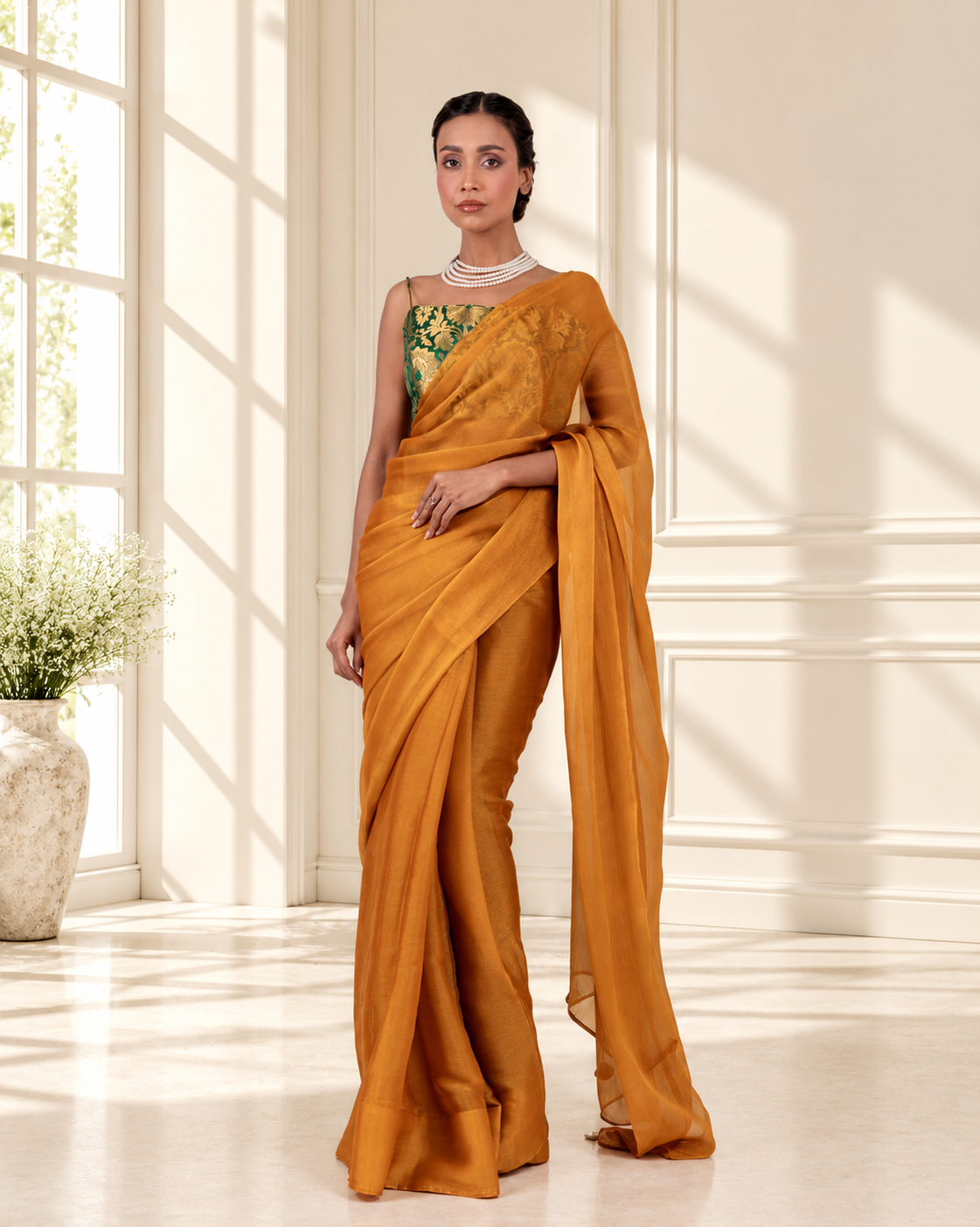 Amber Gold Iconic Chiffon Saree with Handcrafted Mirror Tassels and Matching Blouse Piece | Fall & Pico Ready