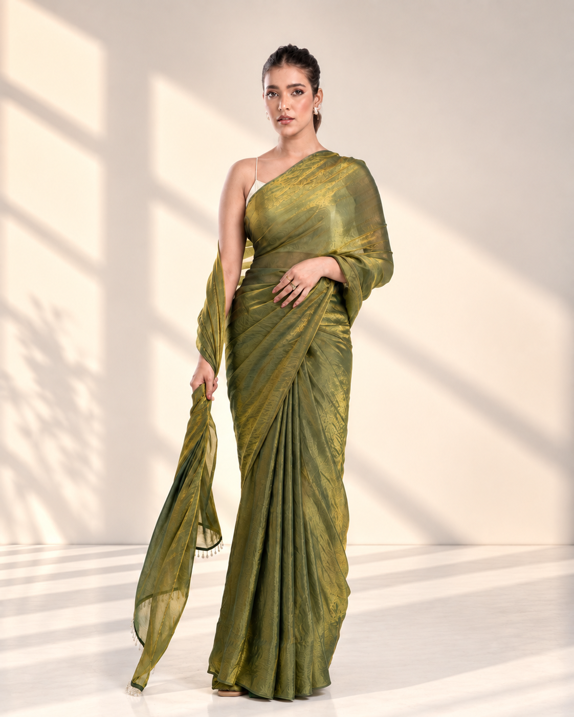 Olive Green Fendi Satin Saree with Handcrafted Crystal Drop Lace and Matching Blouse Piece | Fall & Pico Ready