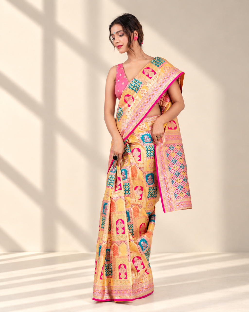 Sunlit Gold Banarasi Silk Saree with Heritage Woven Pallu and Matching Blouse Piece | Fall & Pico Ready