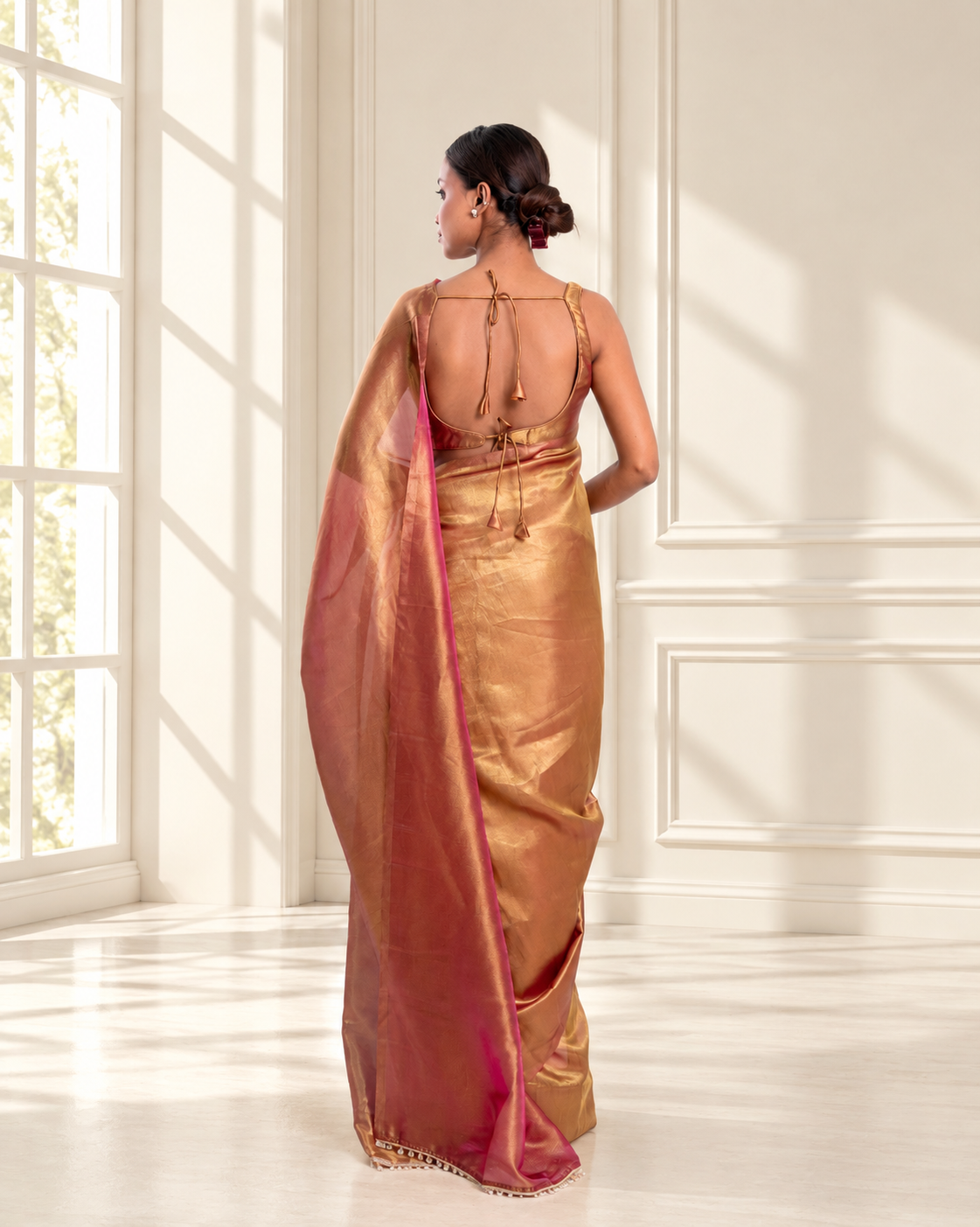 Antique Gold Viscose Zari Saree with Handcrafted Crystal Lace and Matching Blouse Piece | Fall & Pico Ready
