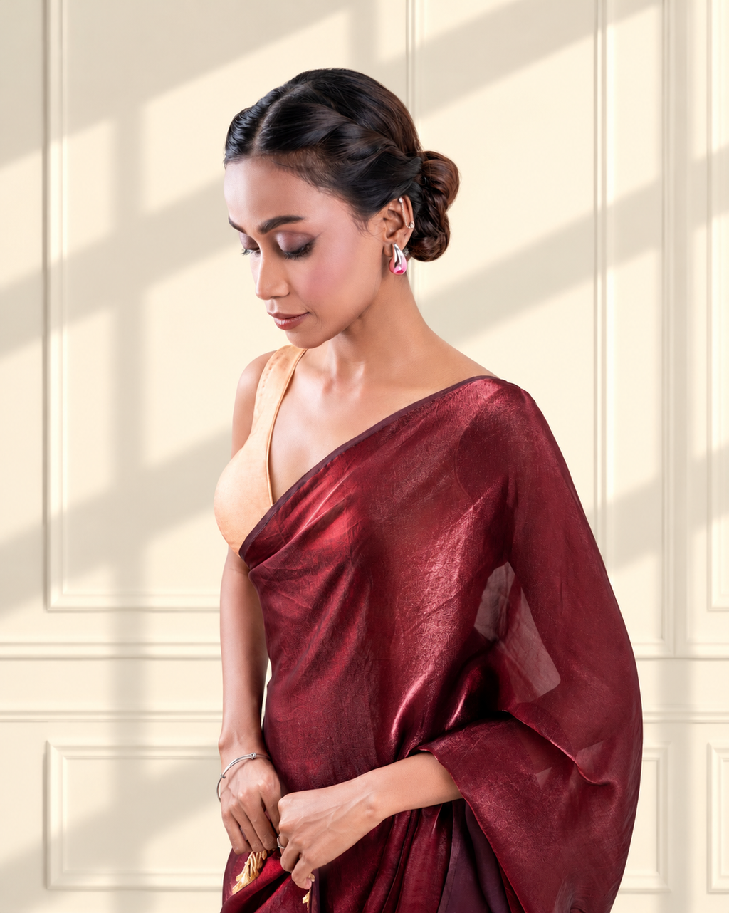 Burgundy Fendi Satin Saree with Handcrafted Beaded Lace and Matching Blouse Piece | Fall & Pico Ready
