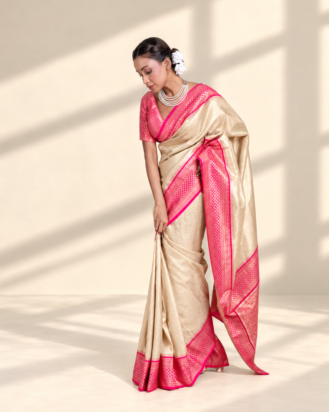Champagne Gold Banarasi Silk Saree with Rani Pink Zari Border and Matching Blouse Piece | Fall & Pico Ready