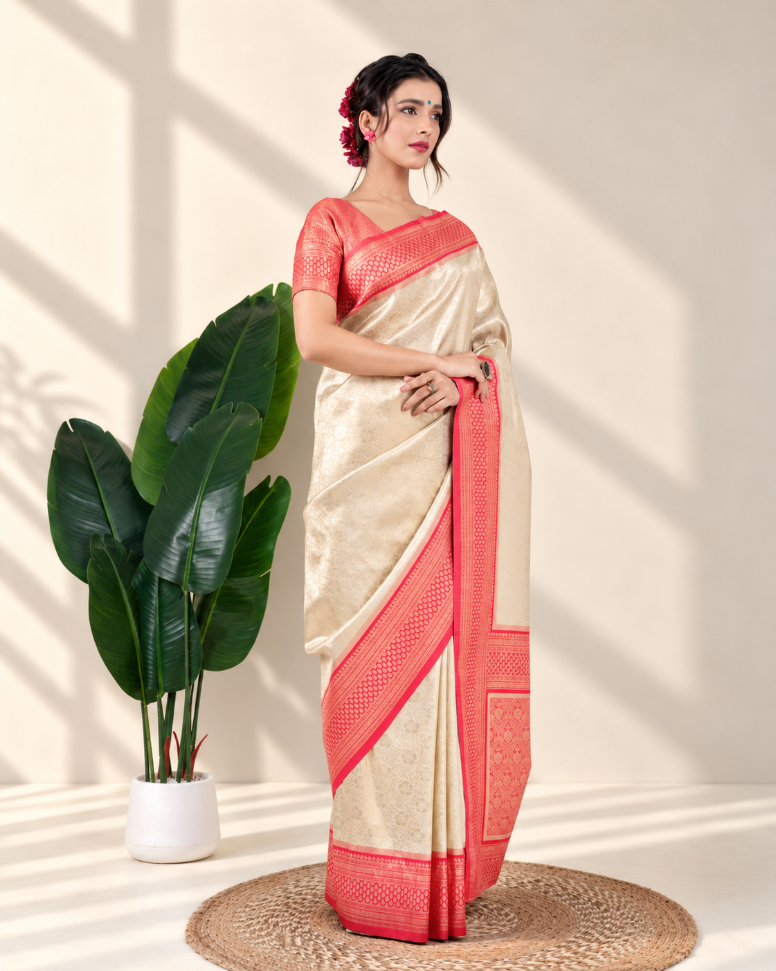 Champagne Gold Banarasi Silk Saree with Coral Zari Border and Matching Blouse Piece | Fall & Pico Ready