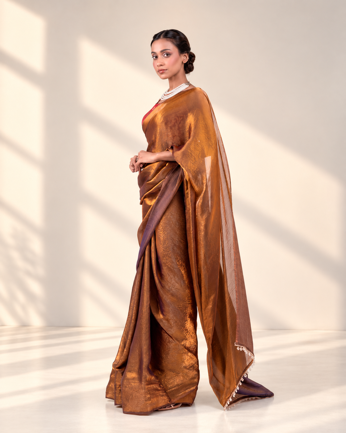 Antique Bronze Fendi Satin Saree with Handcrafted Crystal Drop Lace and Matching Blouse Piece | Fall & Pico Ready
