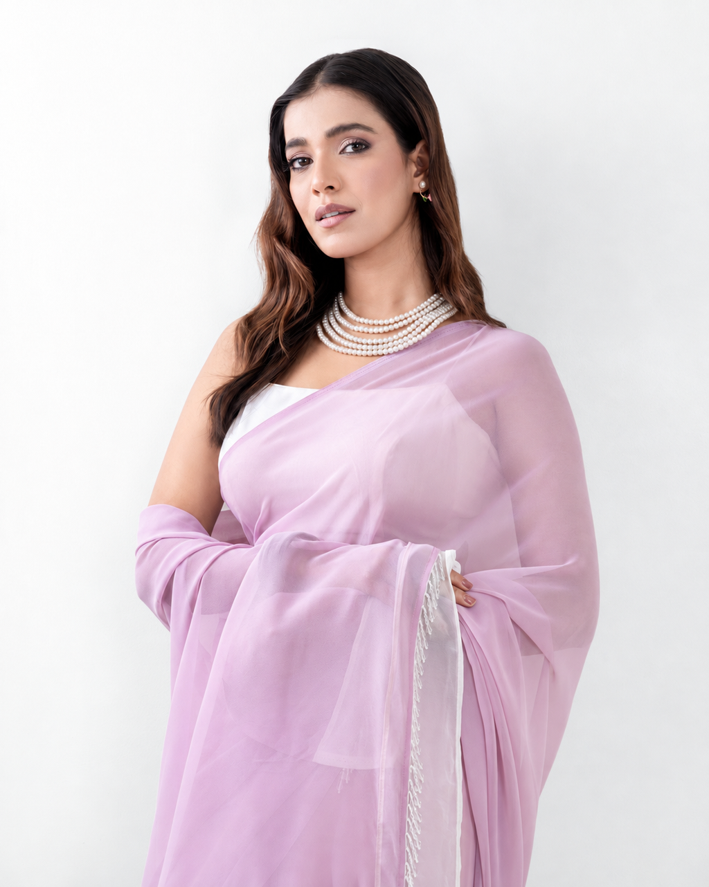 Lavender Georgette Saree with Ivory Panel & Drop Lace Border with Self Blouse Piece | Fall & Pico Ready