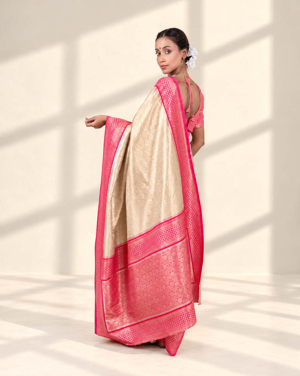 Champagne Gold Banarasi Silk Saree with Rani Pink Zari Border and Matching Blouse Piece | Fall & Pico Ready