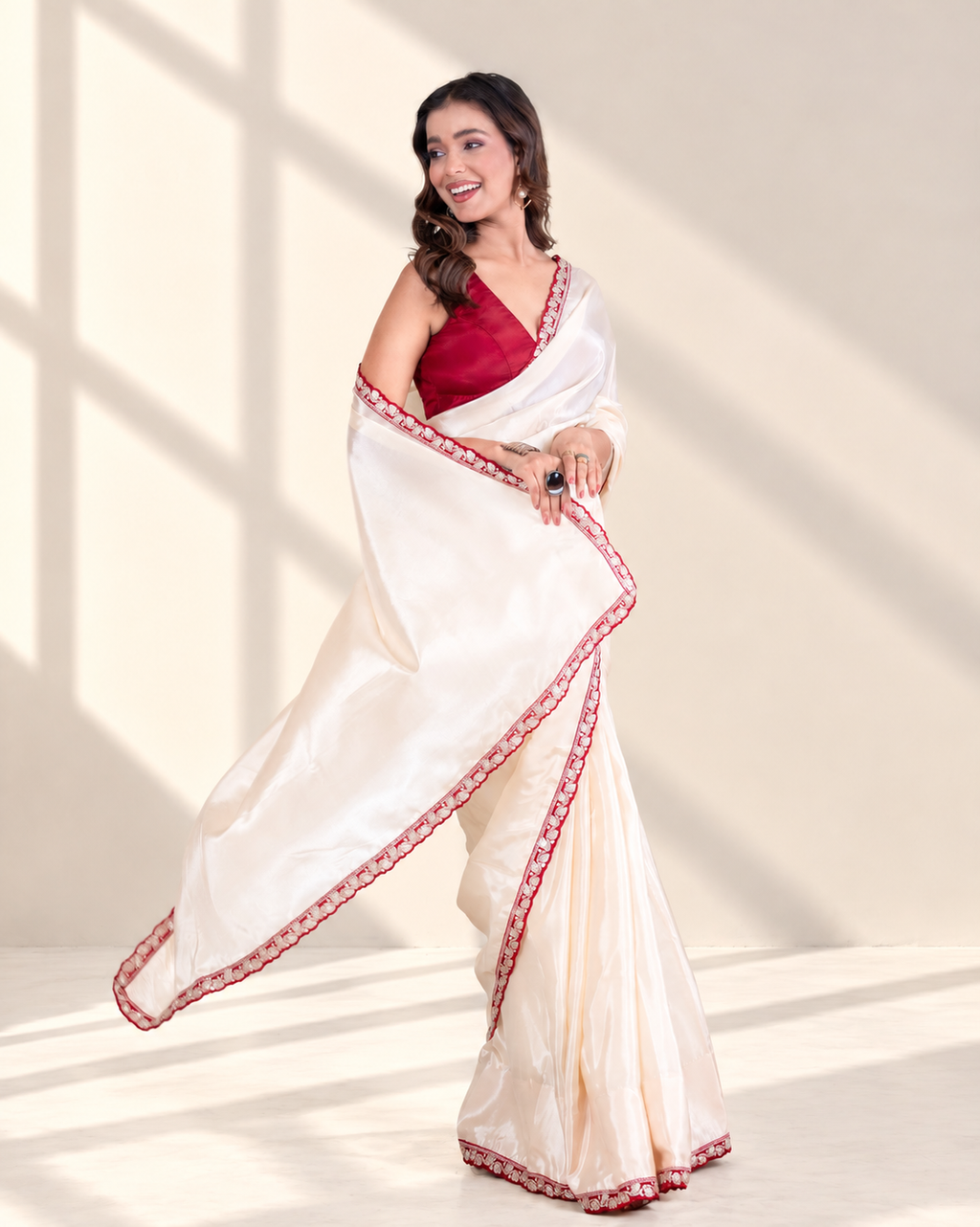 Ivory Silk Blend Saree with Maroon Embellished Border & Matching Blouse Piece | Fall & Pico Ready