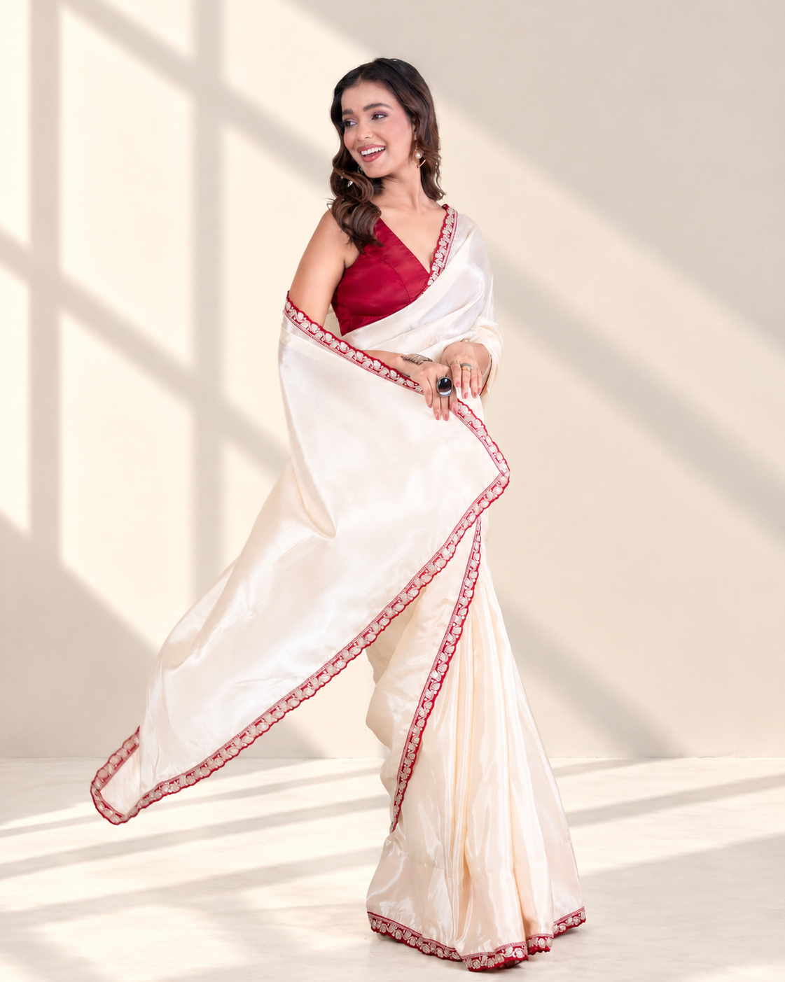 Ivory Silk Blend Saree with Maroon Embellished Border & Matching Blouse Piece | Fall & Pico Ready
