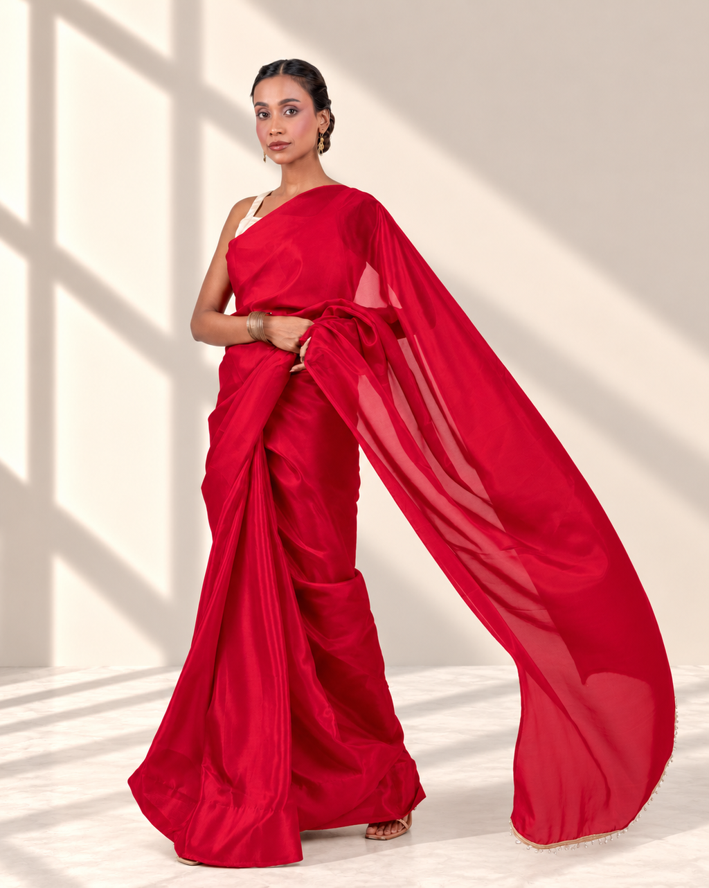 Scarlet Red Silk Blend Saree with Handcrafted Pearl Lace and Matching Blouse Piece | Fall & Pico Ready