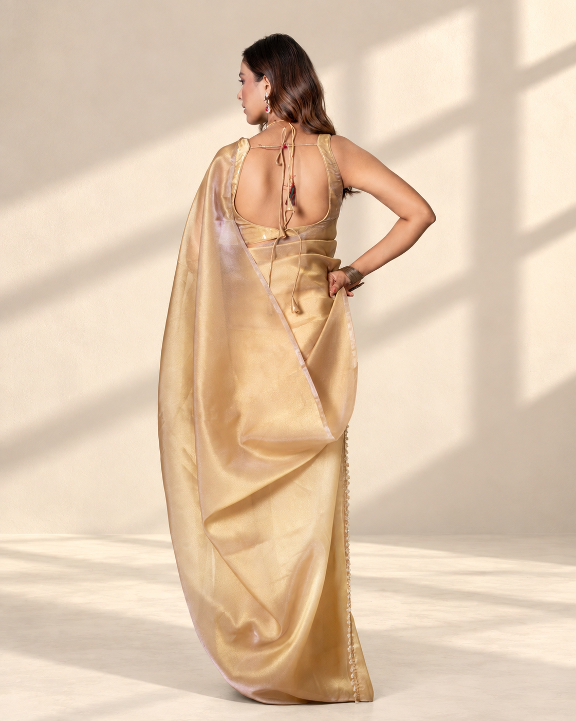 Chikoo Organza Saree with Handcrafted Crystal Beads Lace & Golden Buti Blouse Piece | Fall & Pico Ready