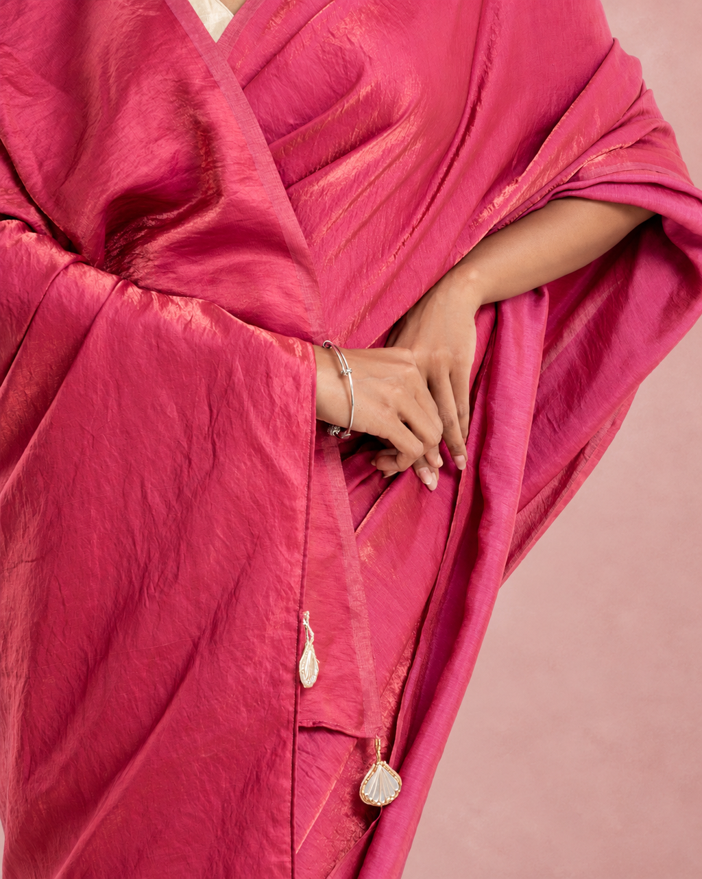 Rosewood Pink Cashino Saree with Handcrafted Pearl Tassels and Matching Blouse Piece | Fall & Pico Ready