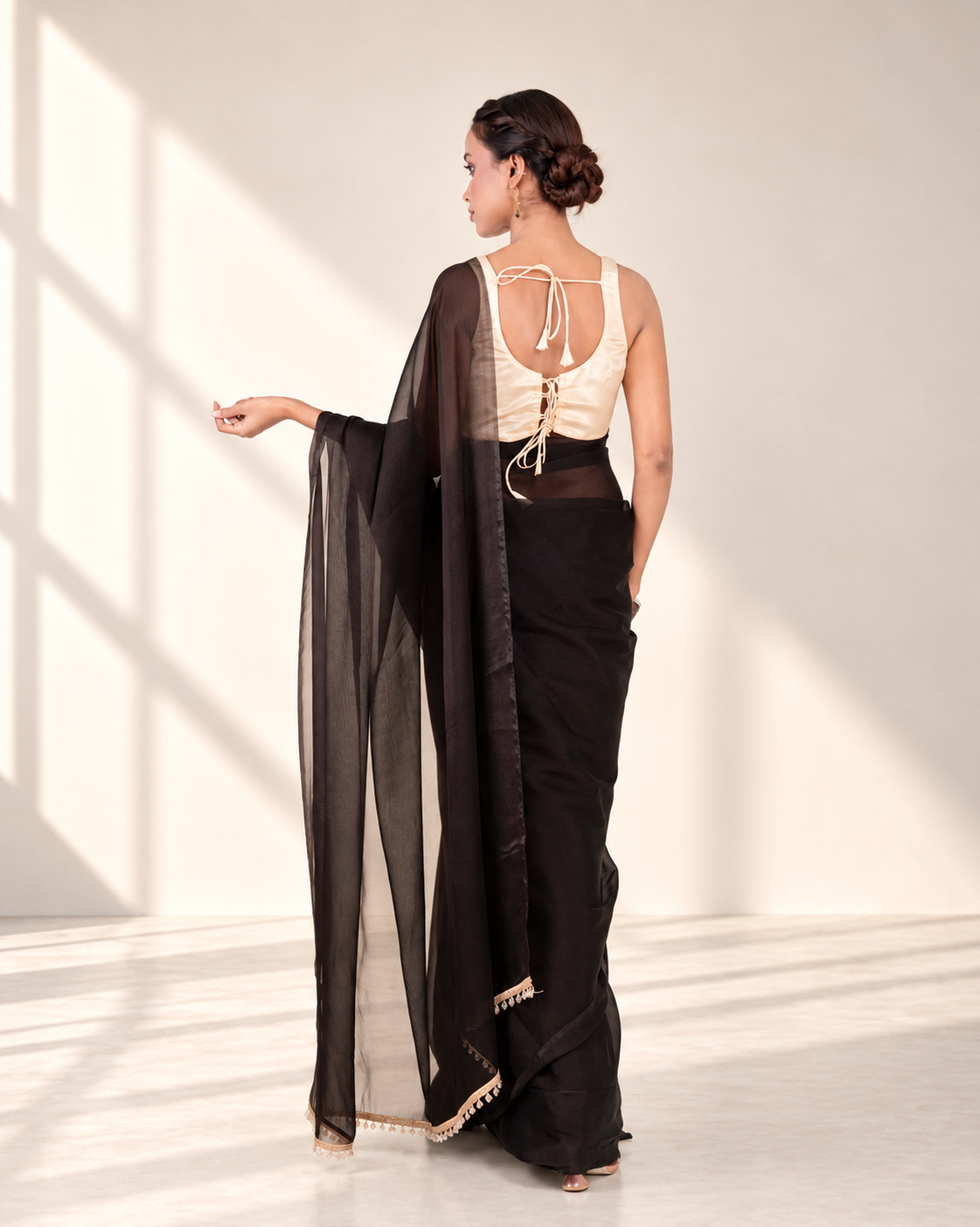 Classic Black Iconic Chiffon Saree with Handcrafted Crystal Lace and Matching Blouse Piece | Fall & Pico Ready