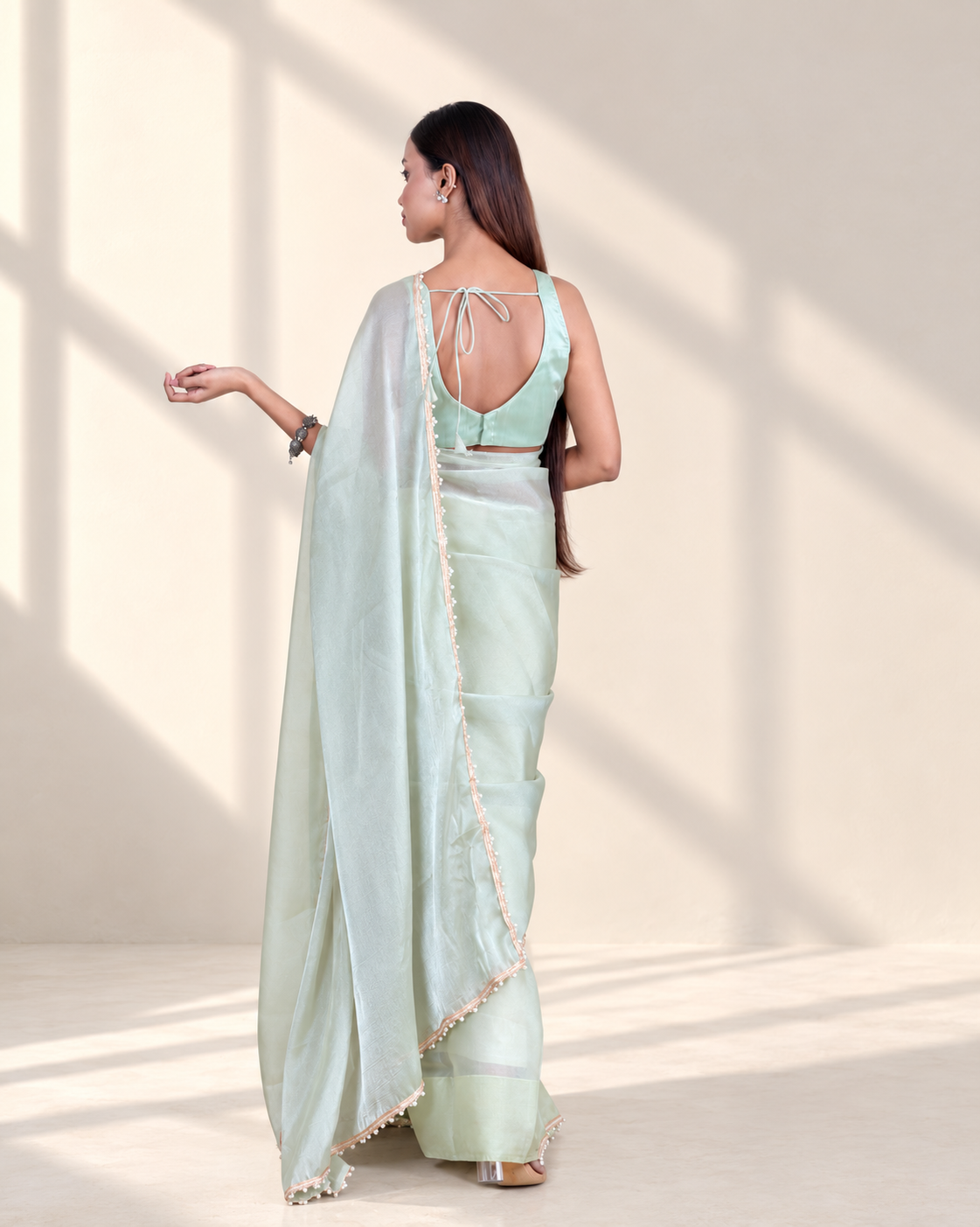Mint Green Galaxy Organza Saree with Pearl Embellished Border & Self Blouse Piece | Fall & Pico Ready