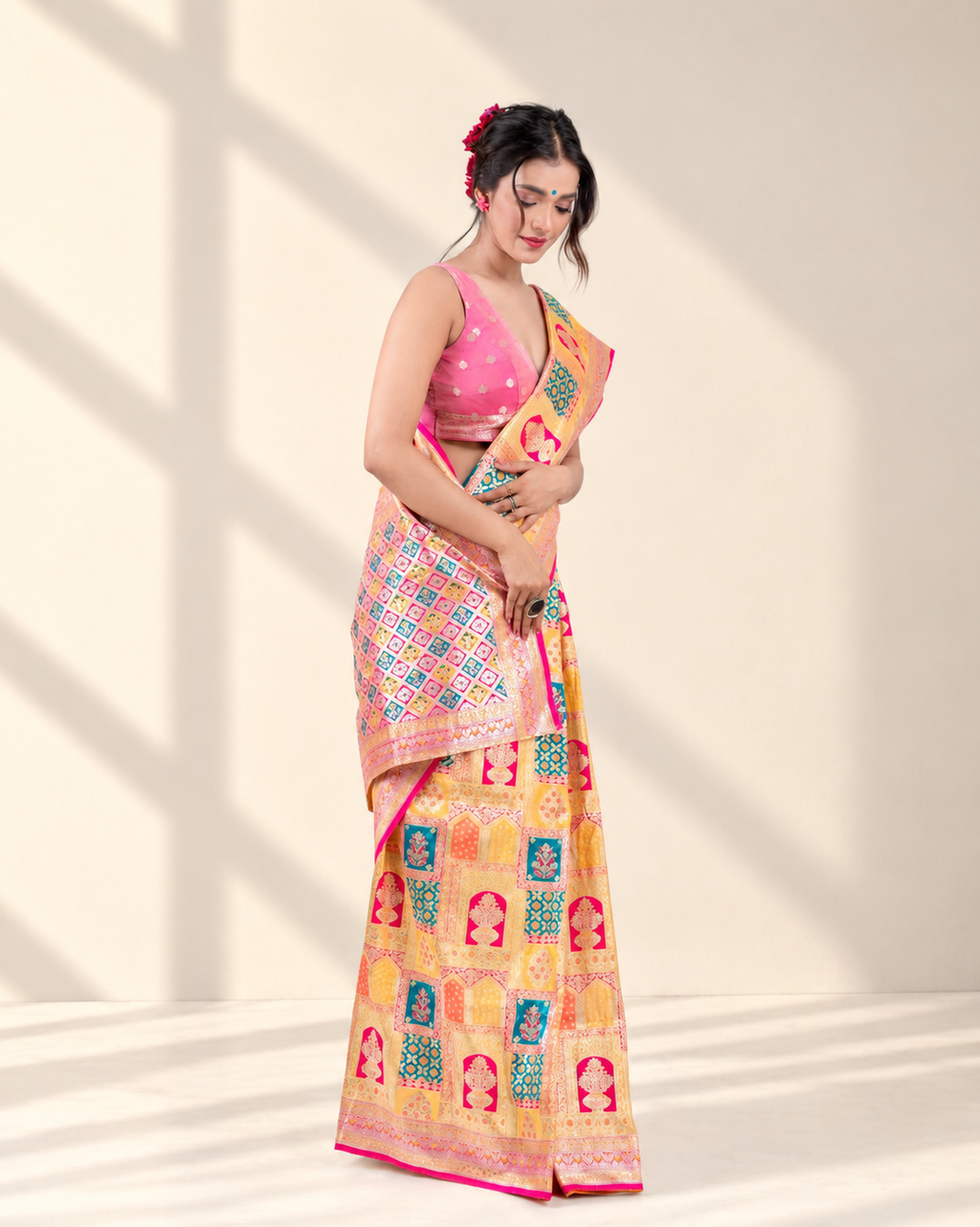 Sunlit Gold Banarasi Silk Saree with Heritage Woven Pallu and Matching Blouse Piece | Fall & Pico Ready