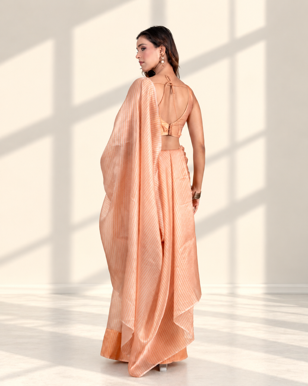Peach Printed Chiffon Woven Zari Saree with Metallic Gold Blouse Piece | Fall & Pico Ready