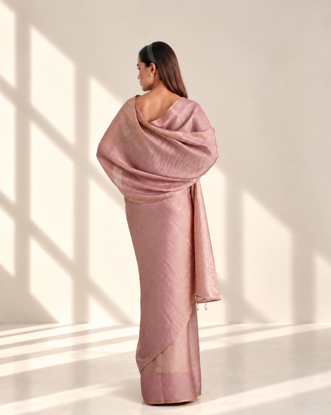 Dusty Mauve Fendi Satin Woven Zari Saree with Handcrafted Pearl Tassel Pallu and Matching Blouse Piece | Fall & Pico Ready