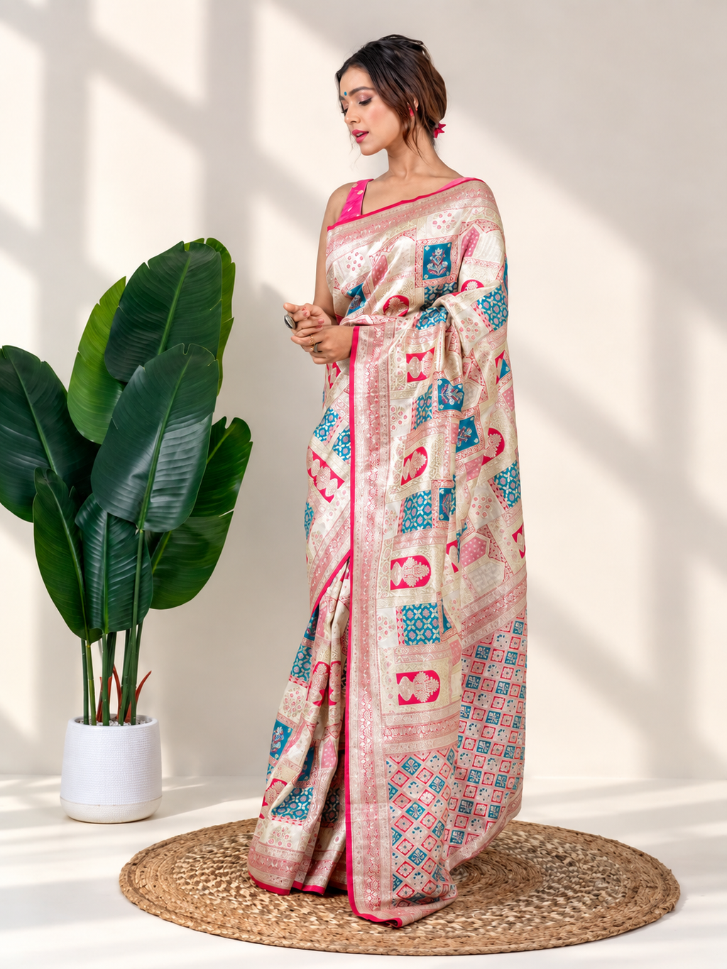 Ivory Pink Banarasi Silk Saree with Heritage Woven Pallu and Matching Blouse Piece | Fall & Pico Ready