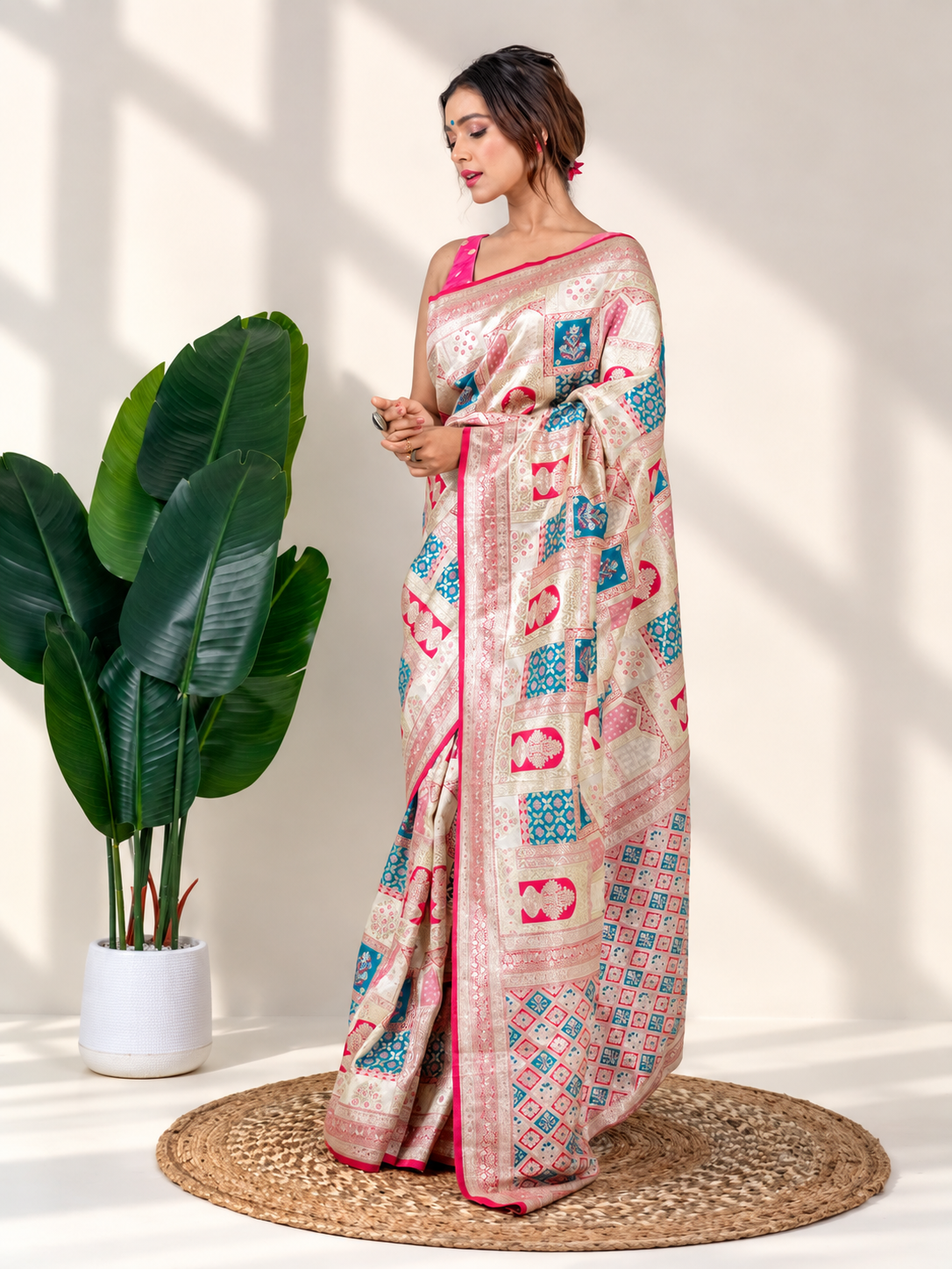 Ivory Pink Banarasi Silk Saree with Heritage Woven Pallu and Matching Blouse Piece | Fall & Pico Ready