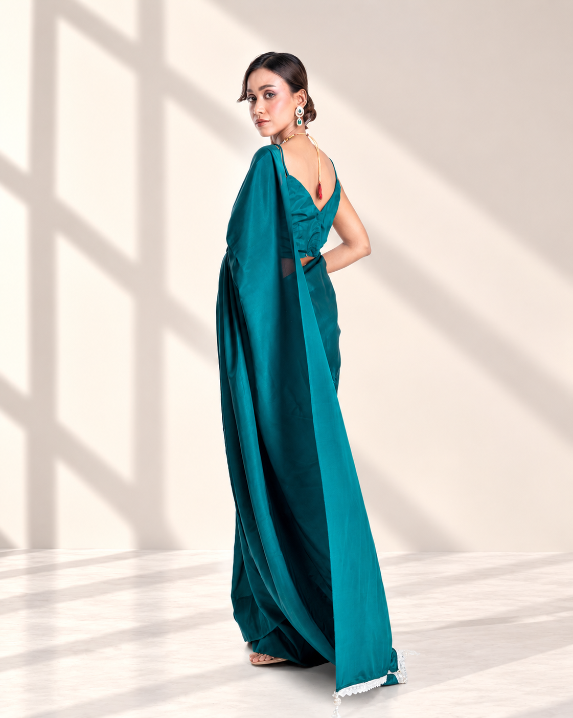 Deep Peacock Green Silk Blend Saree with Embroidered Lace and Matching Blouse Piece | Fall & Pico Ready
