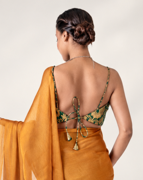 Emerald Green Brocade Spaghetti Strap Blouse with Gold Zari Weave