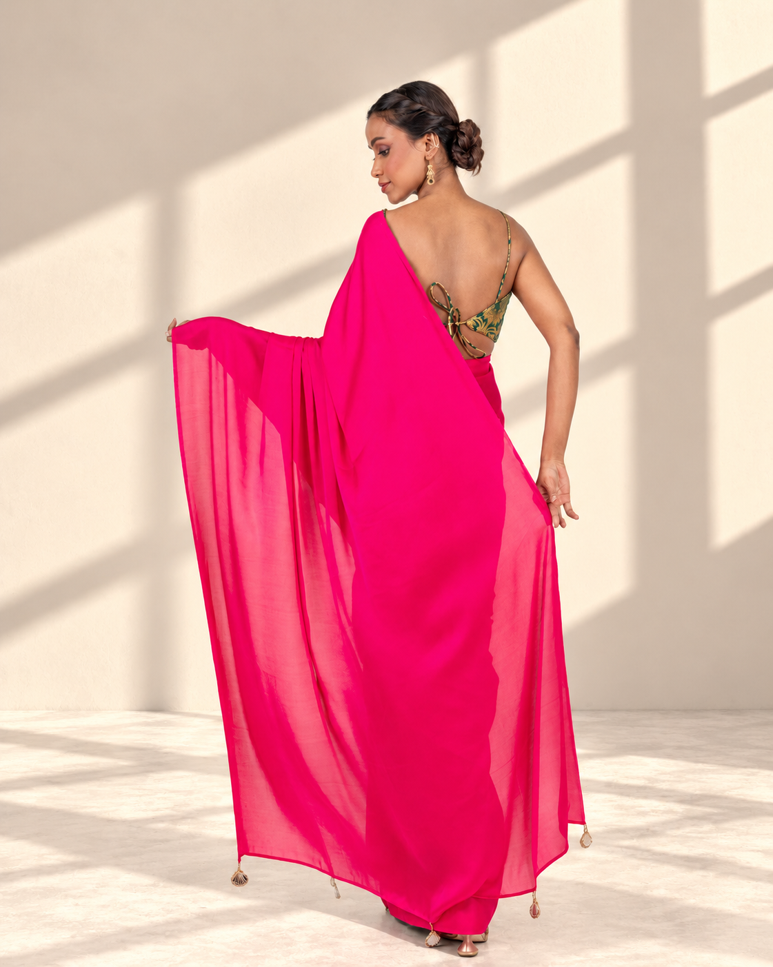 Hot Pink Satin Saree with Handcrafted Mirror Tassels and Matching Satin Blouse Piece | Fall & Pico Ready