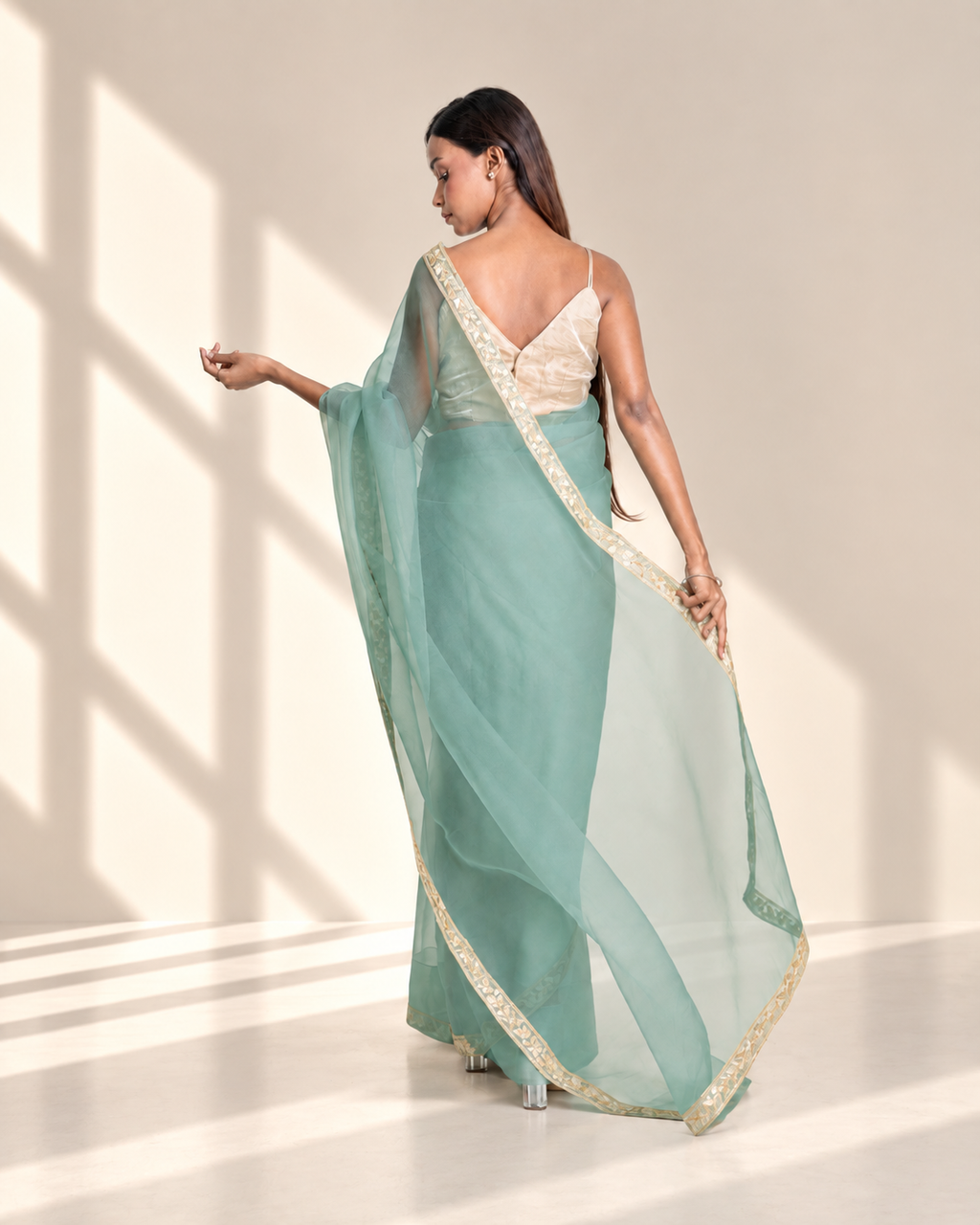 Sea Green Organza Saree with Floral Embroidered Lace Border and Matching Organza Blouse Piece | Fall & Pico Ready