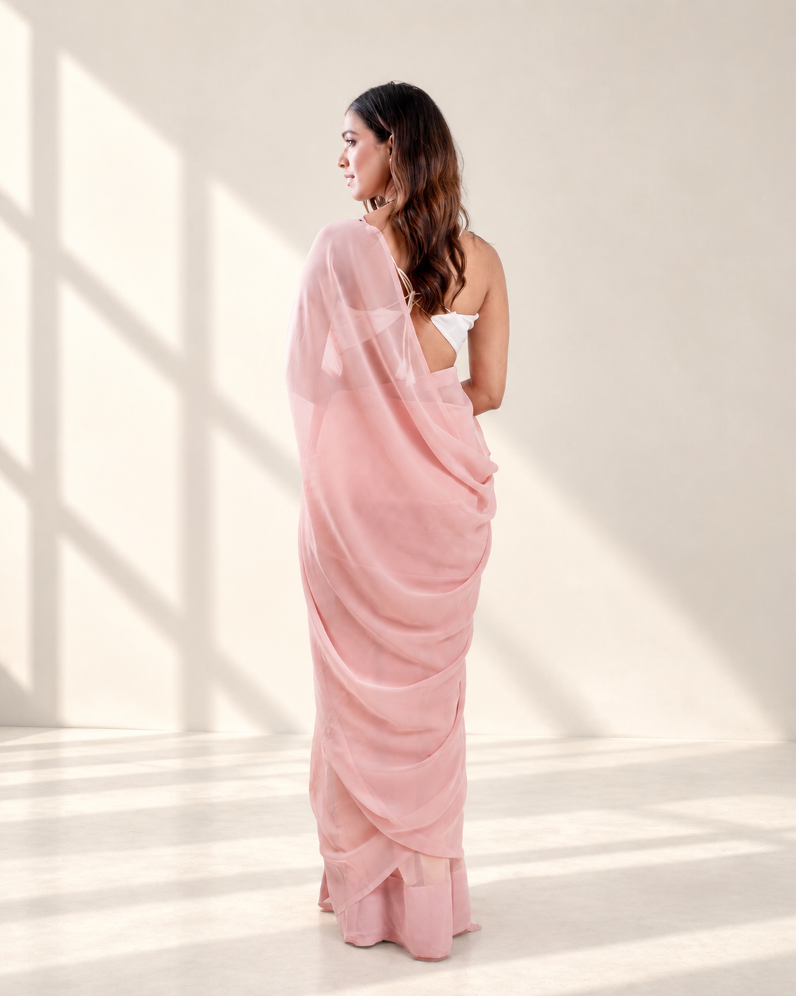 Blush Pink Georgette Saree with Ivory Panel & Drop Lace Border with Self Blouse Piece | Fall & Pico Ready