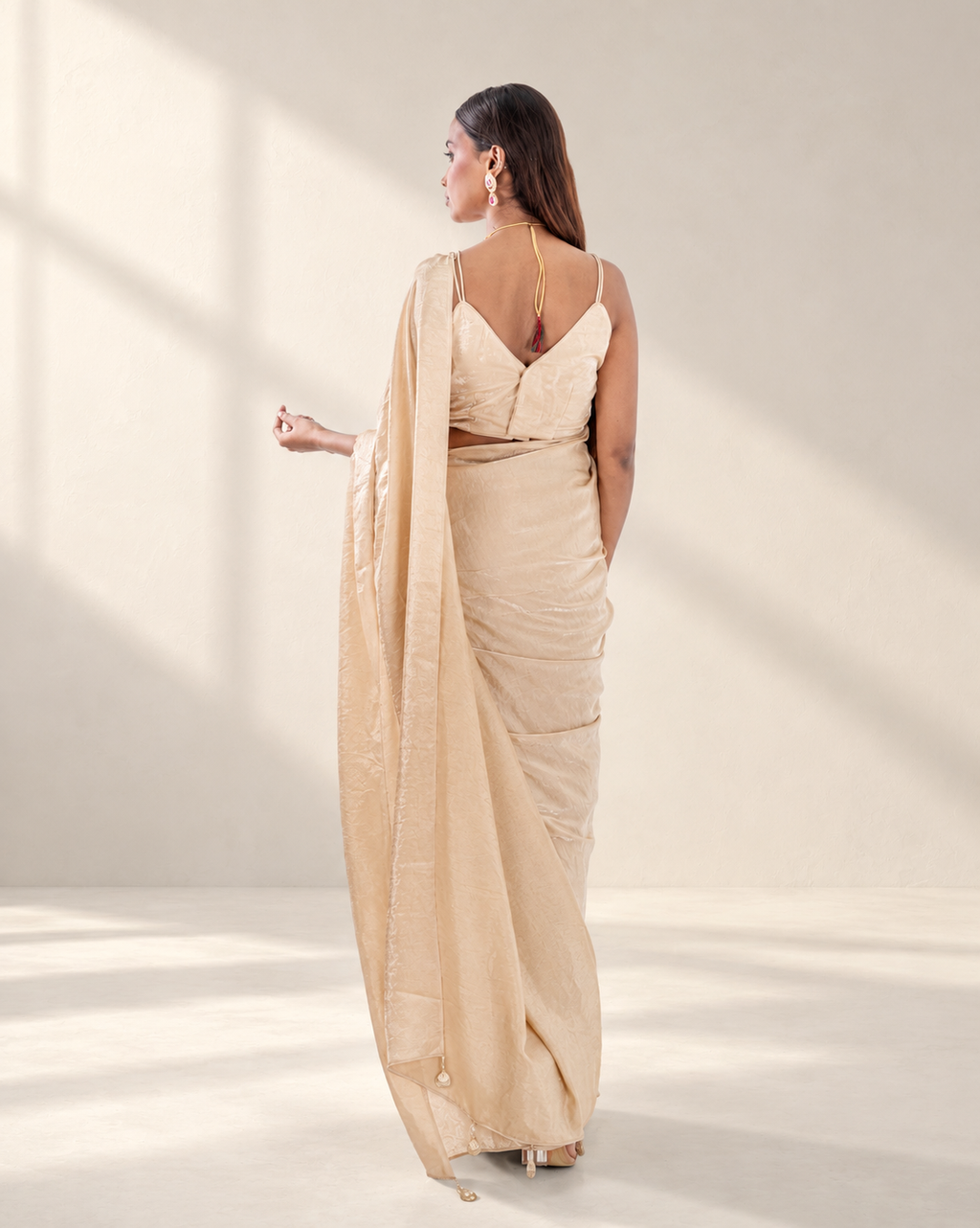 Champagne Cashino Saree with Handcrafted Tassels and Matching Blouse Piece | Fall & Pico Ready