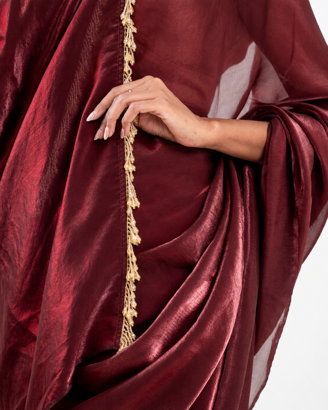 Burgundy Fendi Satin Saree with Handcrafted Beaded Lace and Matching Blouse Piece | Fall & Pico Ready