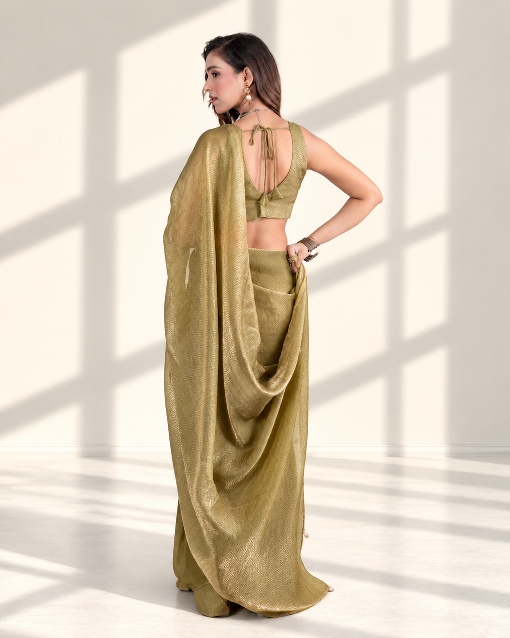 Olive Green Fendi Satin Woven Zari Saree with Pearl Tassel Pallu and Matching Blouse Piece | Fall & Pico Ready