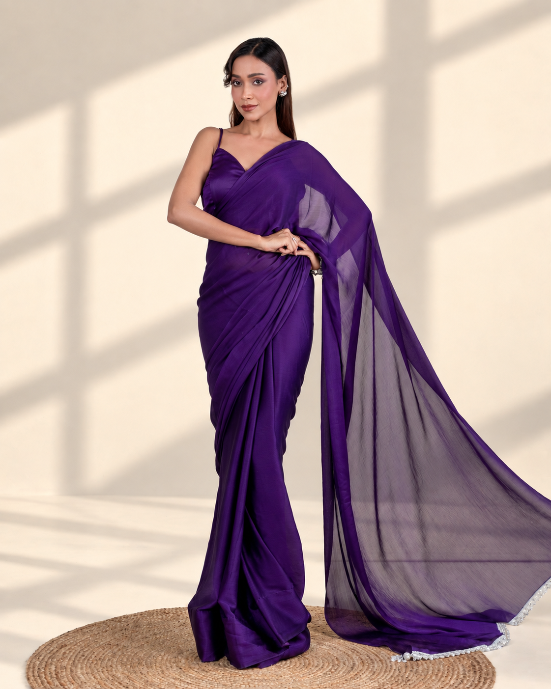 Royal Purple Natural Chiffon Saree with Embroidered Lace, Handcrafted Tassels and Matching Blouse Piece | Fall & Pico Ready