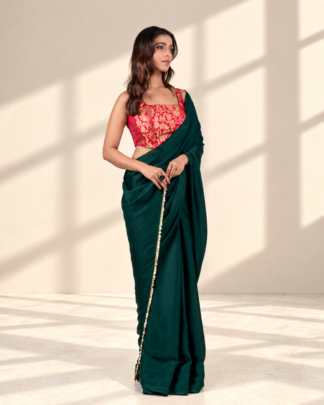 Emerald Green Satin Saree with Handcrafted Mother of Pearl Lace Border and Matching Satin Blouse Piece | Fall & Pico Ready