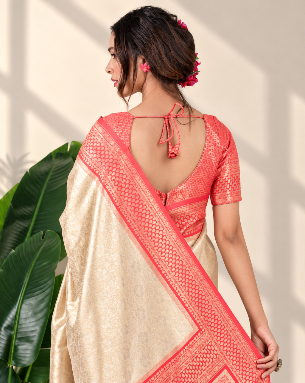Champagne Gold Banarasi Silk Saree with Coral Zari Border and Matching Blouse Piece | Fall & Pico Ready