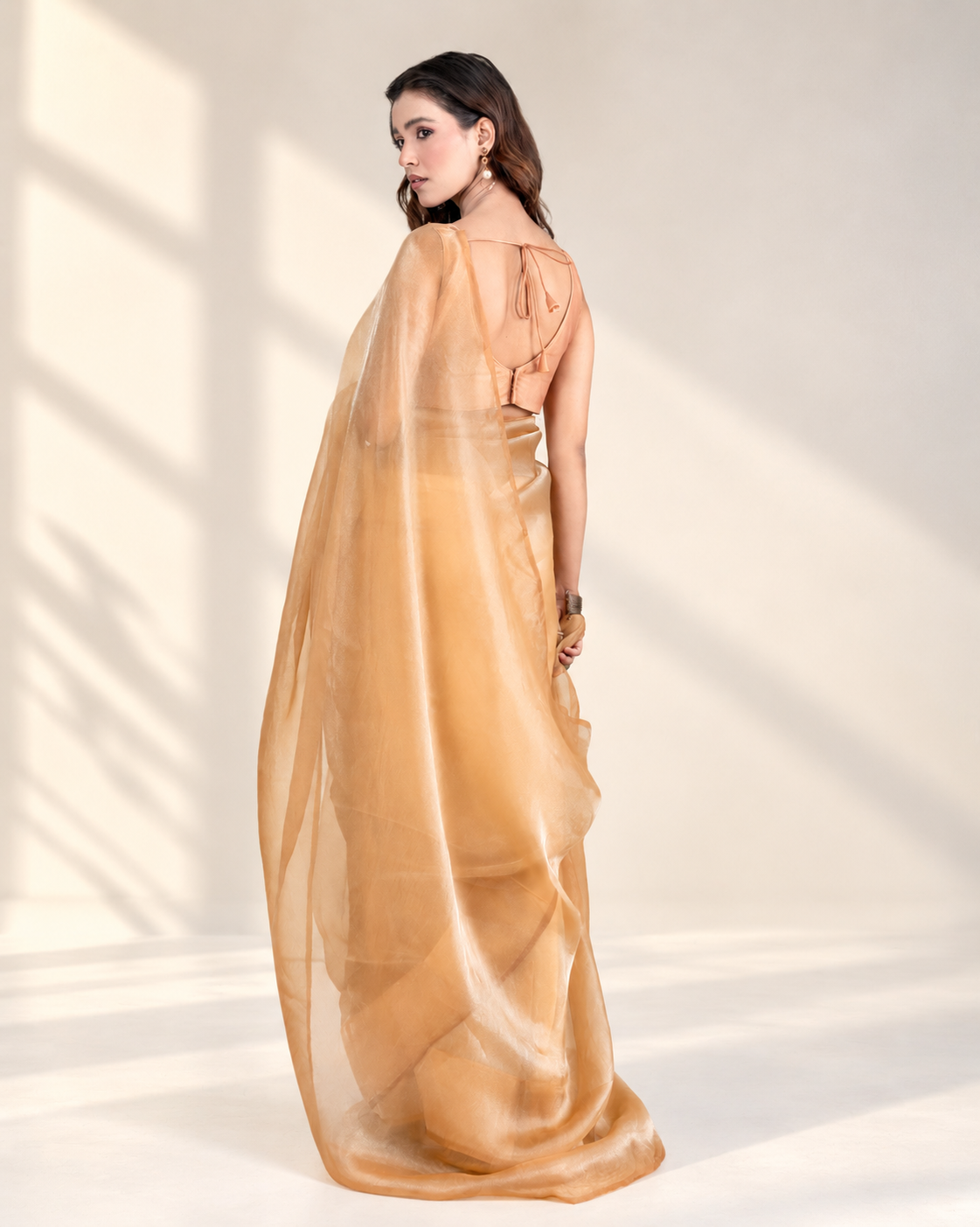 Champagne Gold Soft Metallic Organza Saree with Handcrafted Beaded Tassel Lace and Matching Blouse Piece | Fall & Pico Ready