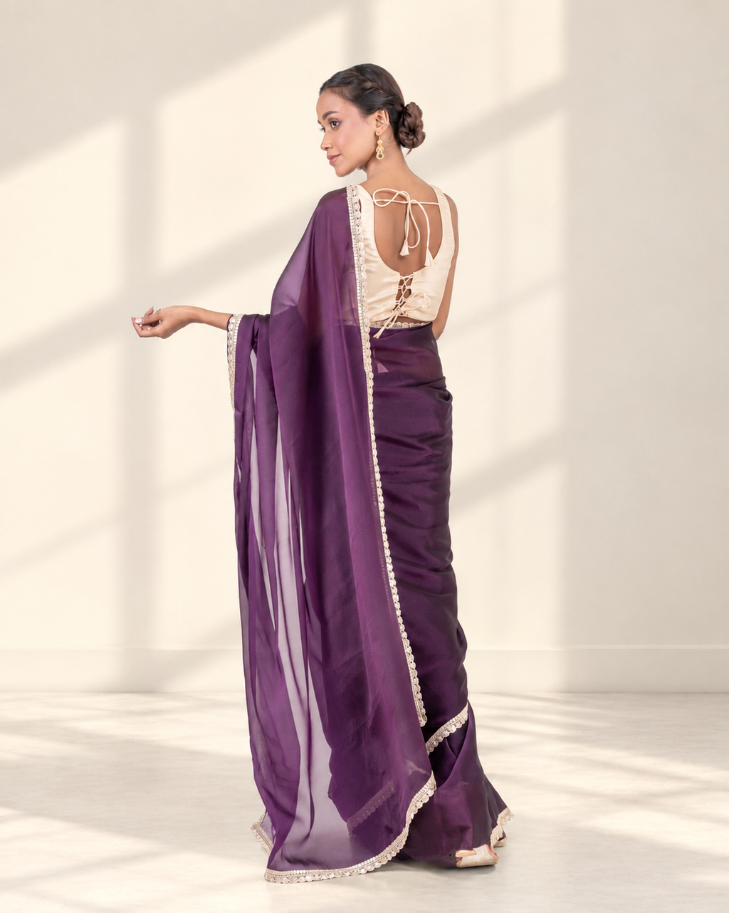 Royal Purple Sheer Organza Saree with Embroidered Lace and Matching Blouse Piece | Fall & Pico Ready