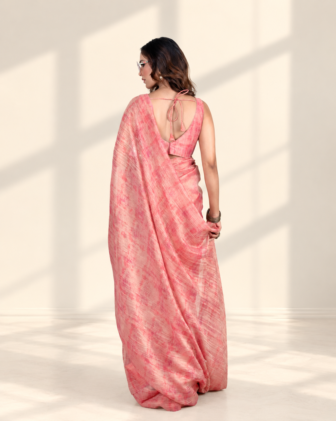 Blush Pink Printed Chiffon Woven Zari Saree with Self Blouse Piece | Fall & Pico Ready