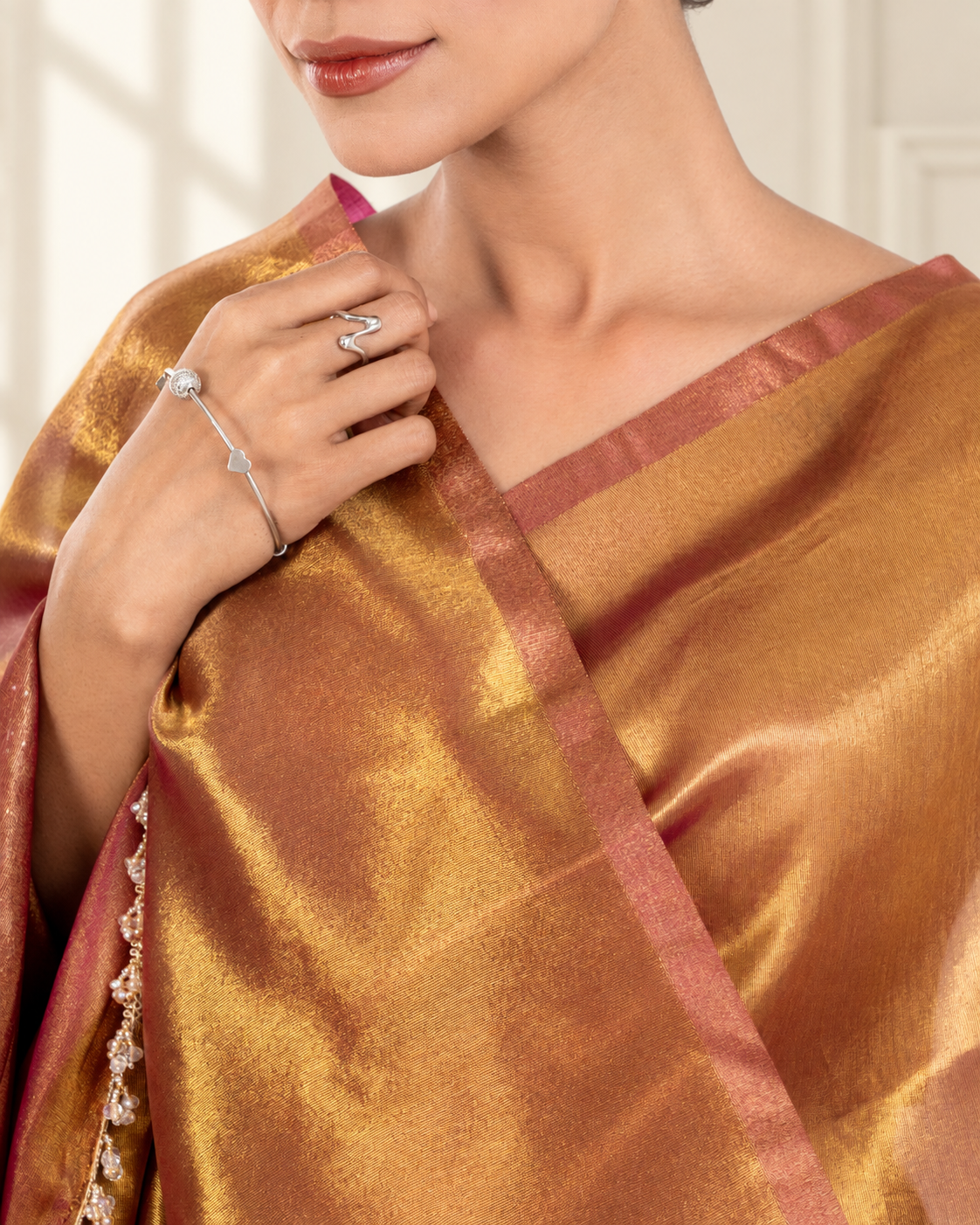 Antique Gold Viscose Zari Saree with Handcrafted Crystal Lace and Matching Blouse Piece | Fall & Pico Ready