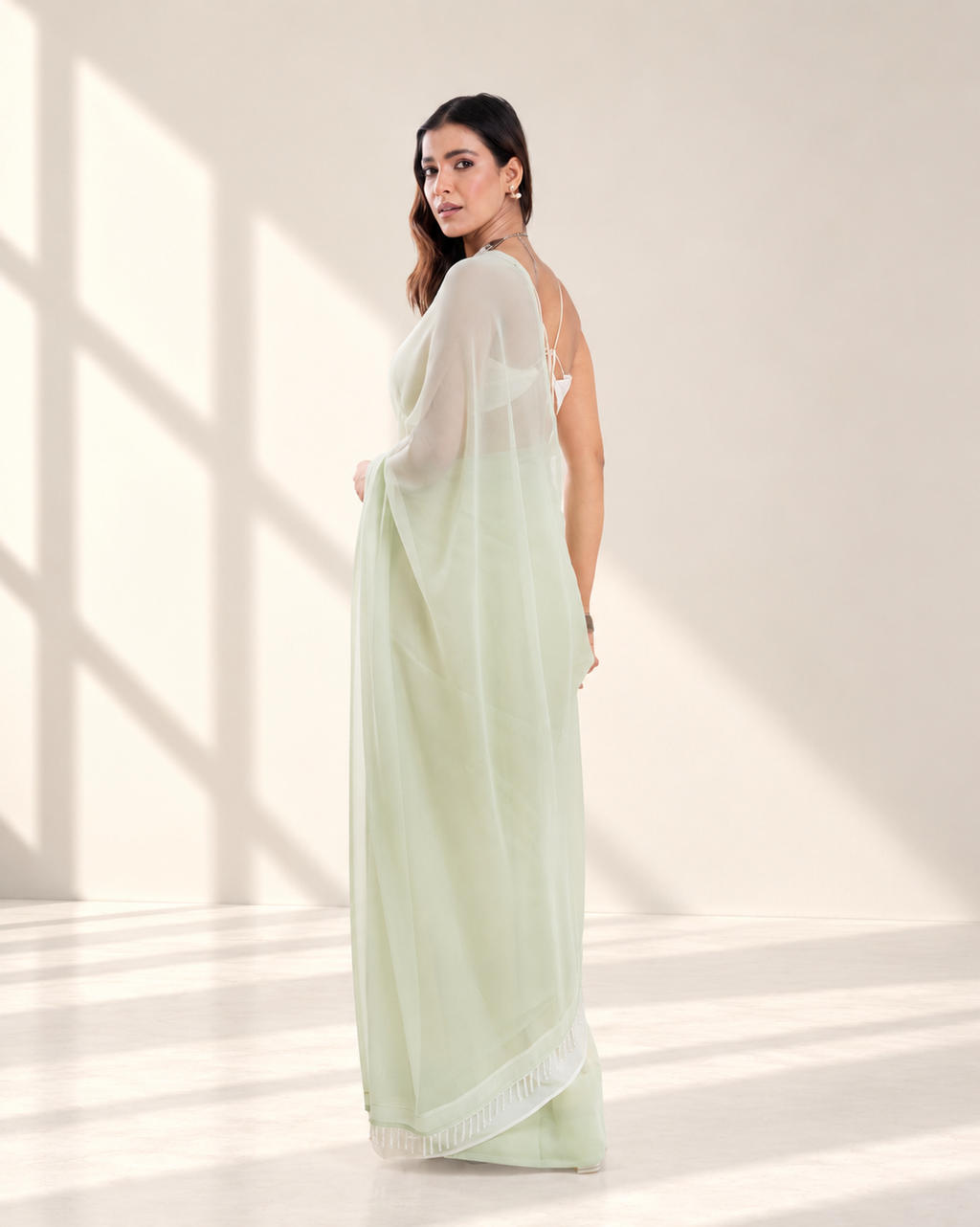 Sage Green Georgette Saree with Ivory Panel & Drop Lace Border with Self Blouse Piece | Fall & Pico Ready