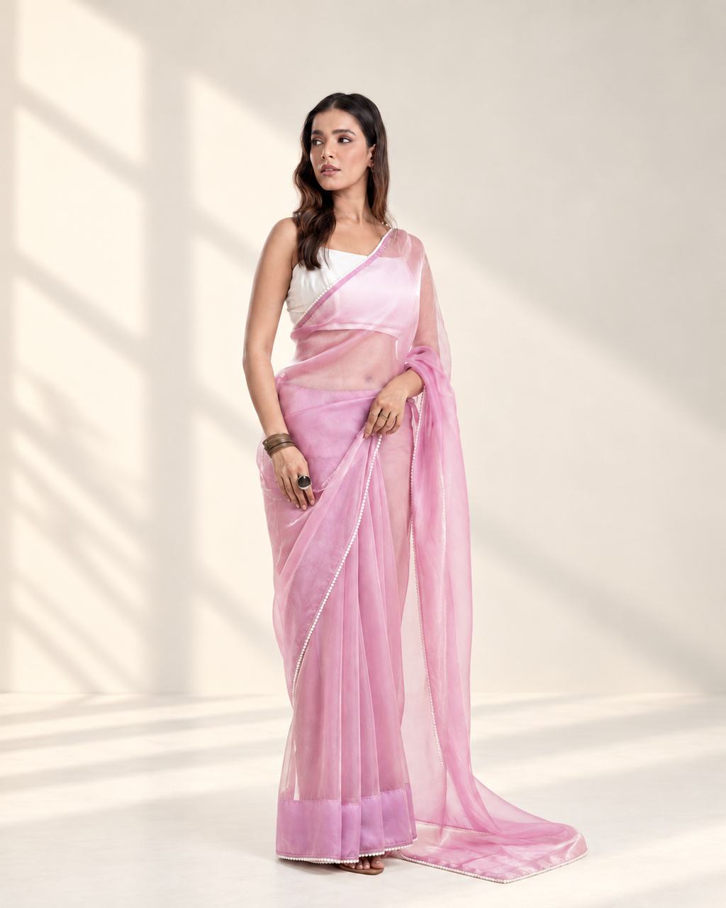 Lilac Soft Metallic Organza Saree with Pearl Lace Border and Matching Blouse Piece | Fall & Pico Ready