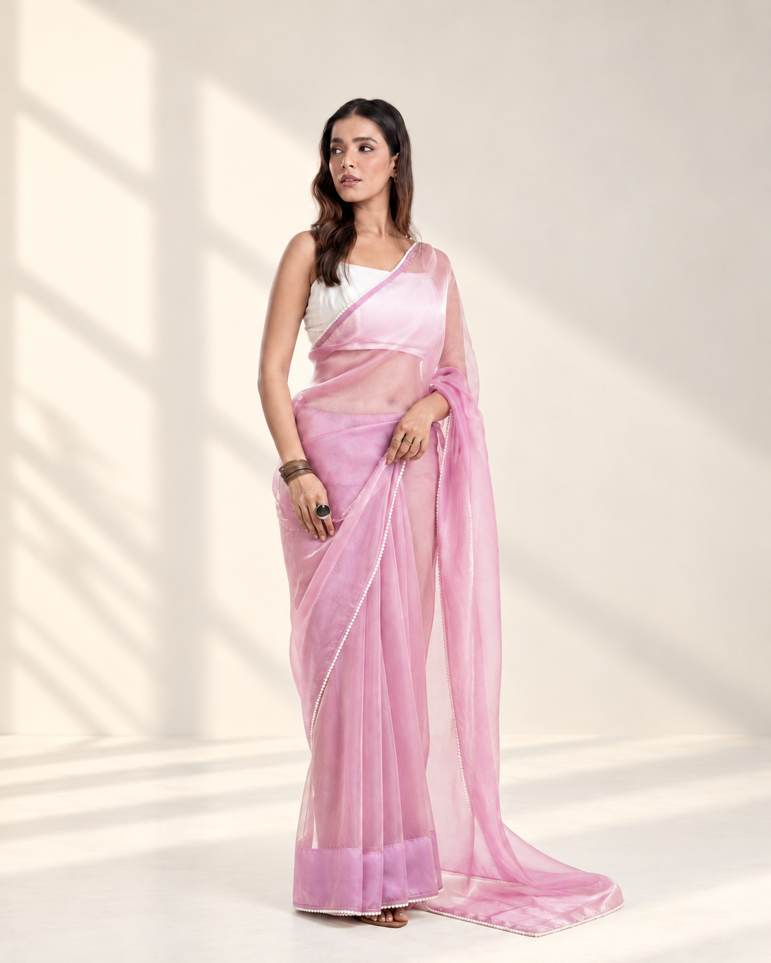 Lilac Soft Metallic Organza Saree with Pearl Lace Border and Matching Blouse Piece | Fall & Pico Ready