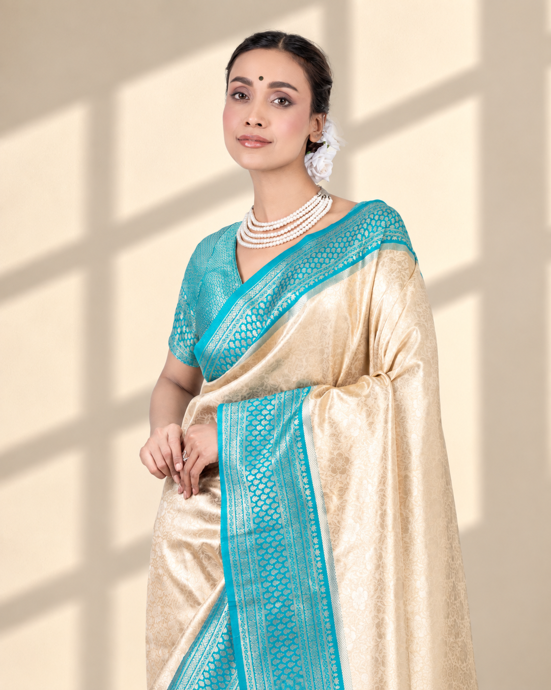 Champagne Gold Banarasi Silk Saree with Aqua Blue Zari Border and Matching Blouse Piece | Fall & Pico Ready