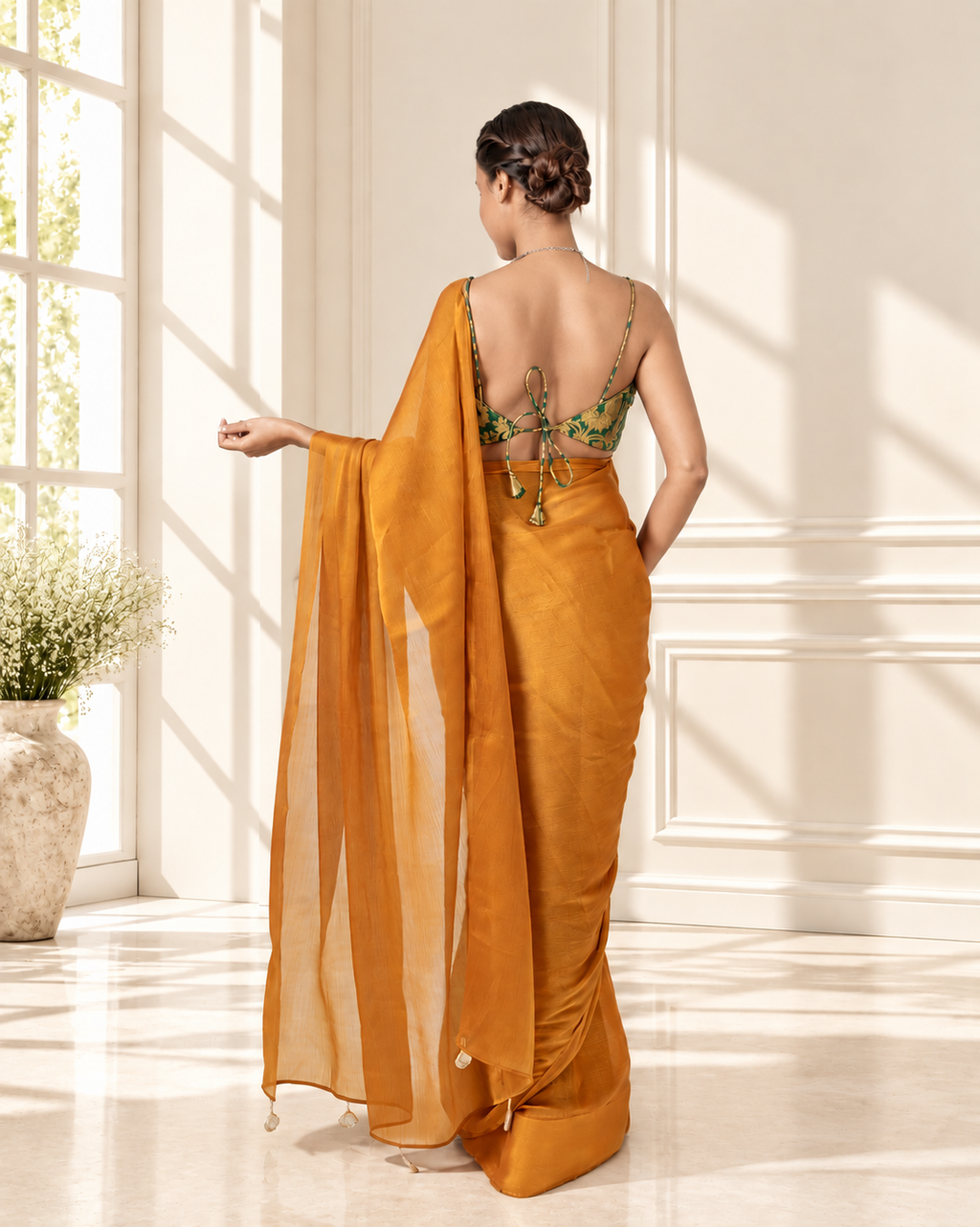 Amber Gold Iconic Chiffon Saree with Handcrafted Mirror Tassels and Matching Blouse Piece | Fall & Pico Ready