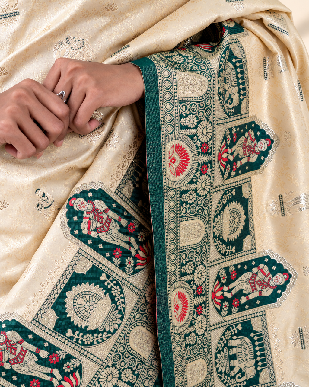 Royal Ivory Banarasi Silk Saree with Heritage Woven Temple Pallu and Matching Blouse Piece | Fall & Pico Ready