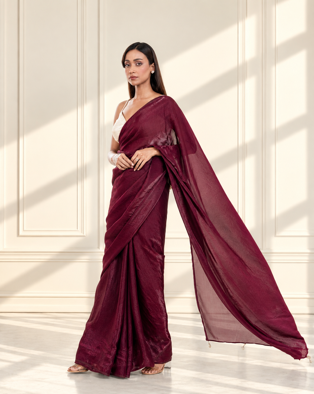 Wine Fendi Satin Saree with Handcrafted Pearl Tassels and Matching Blouse Piece | Fall & Pico Ready