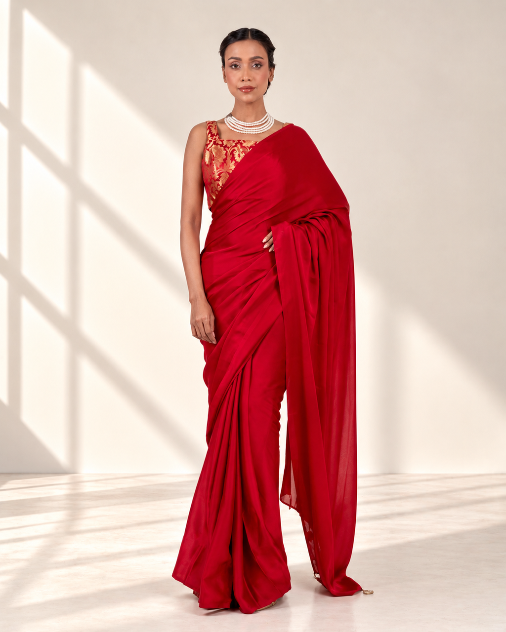 Classic Red Satin Saree with Handcrafted Mirror Tassels and Matching Satin Blouse Piece | Fall & Pico Ready