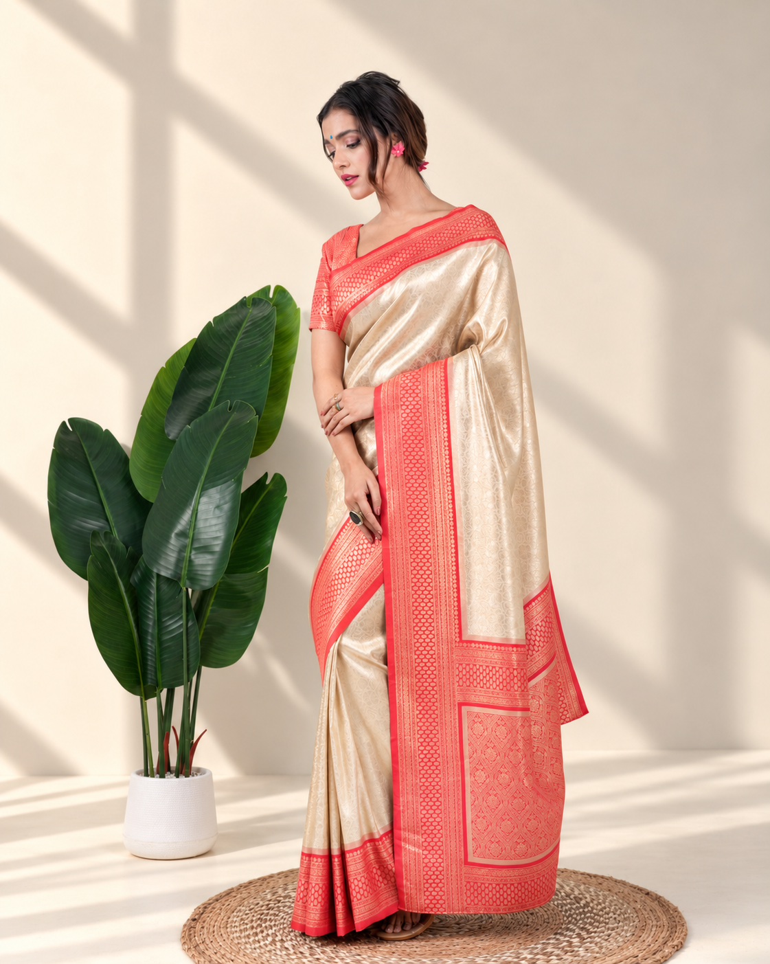 Champagne Gold Banarasi Silk Saree with Coral Zari Border and Matching Blouse Piece | Fall & Pico Ready