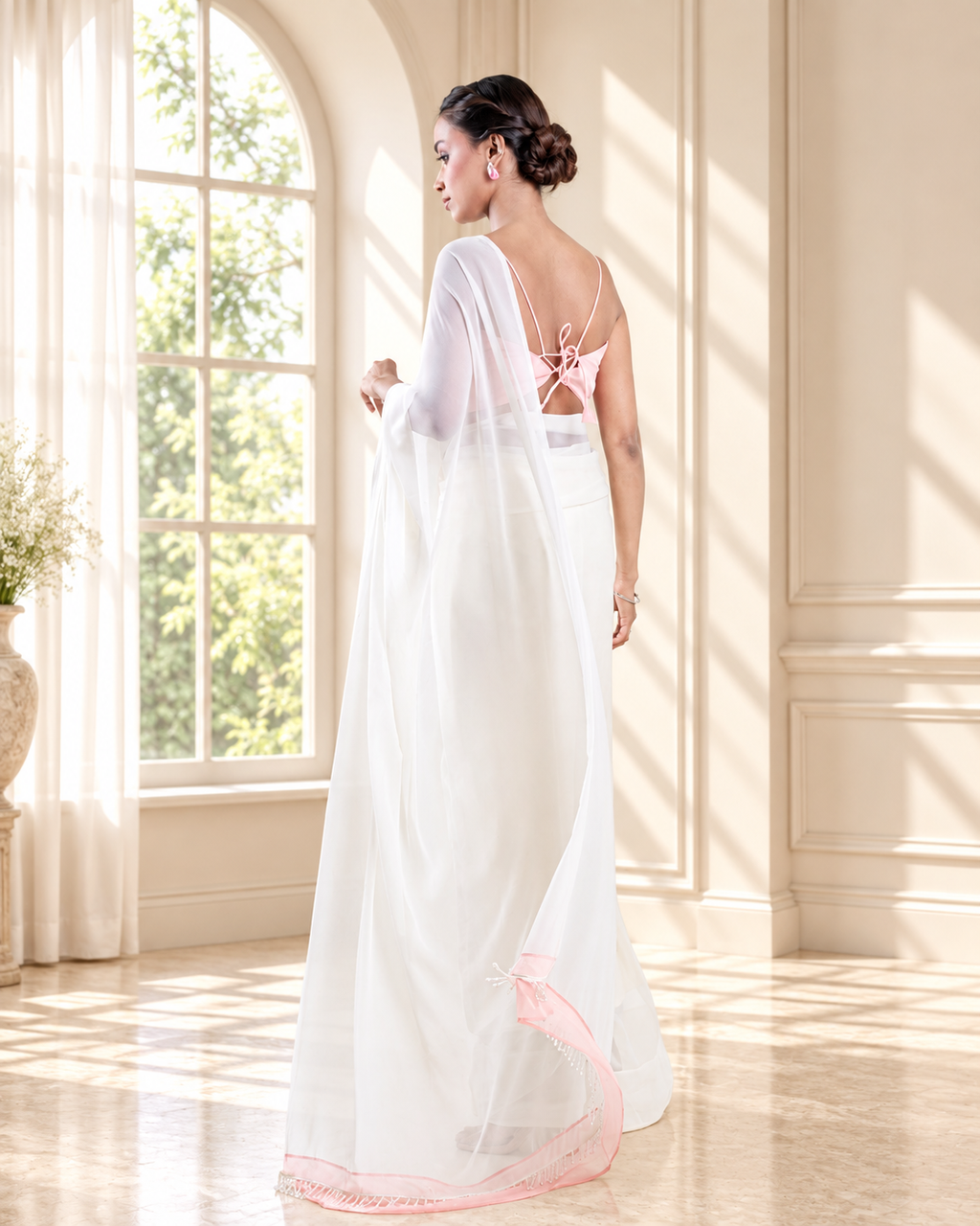 Ivory Georgette Saree with Blush Pink Panel & Drop Lace Border with Self Blouse Piece | Fall & Pico Ready