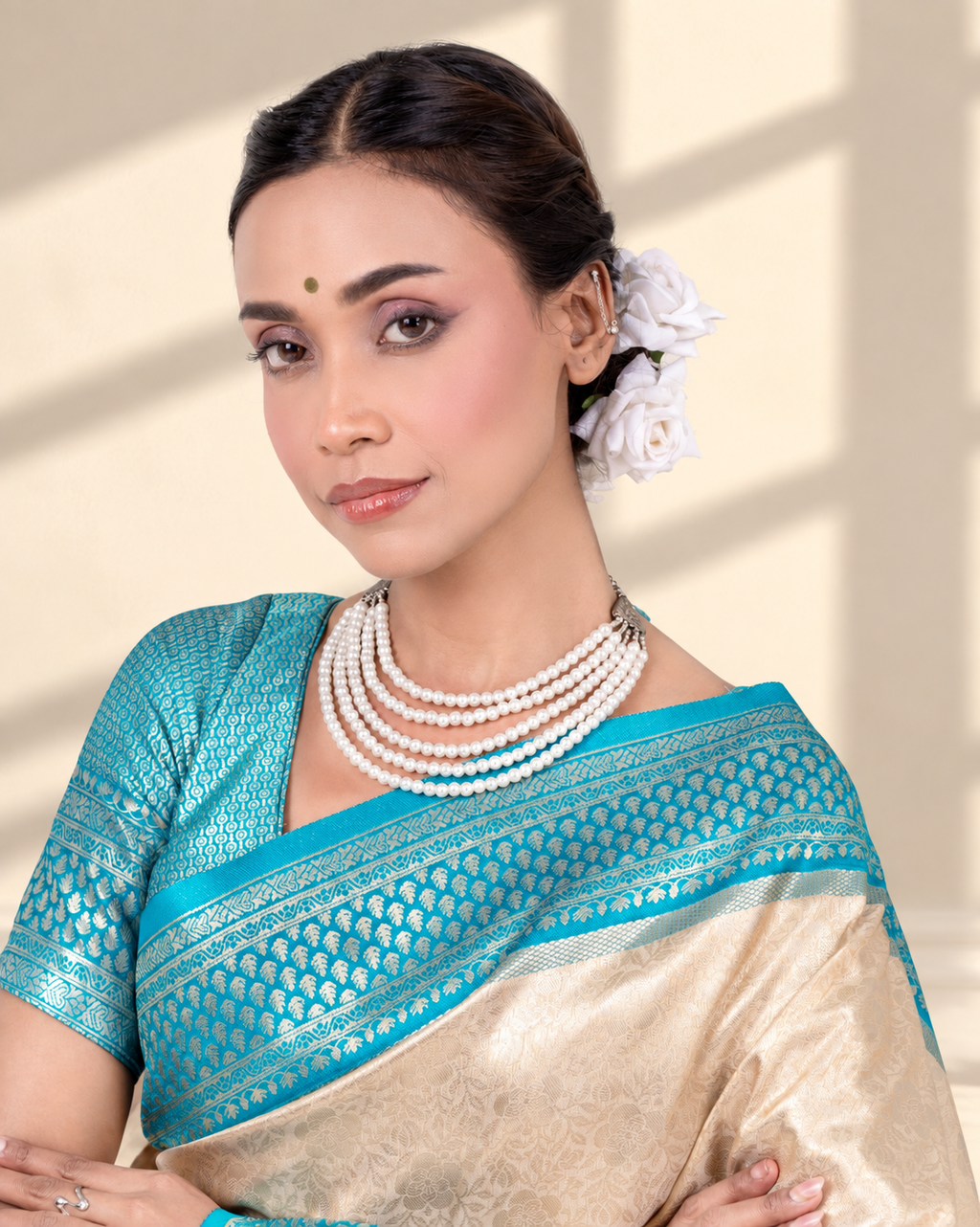 Champagne Gold Banarasi Silk Saree with Aqua Blue Zari Border and Matching Blouse Piece | Fall & Pico Ready