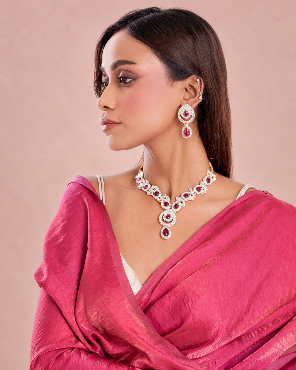 Rosewood Pink Cashino Saree with Handcrafted Pearl Tassels and Matching Blouse Piece | Fall & Pico Ready